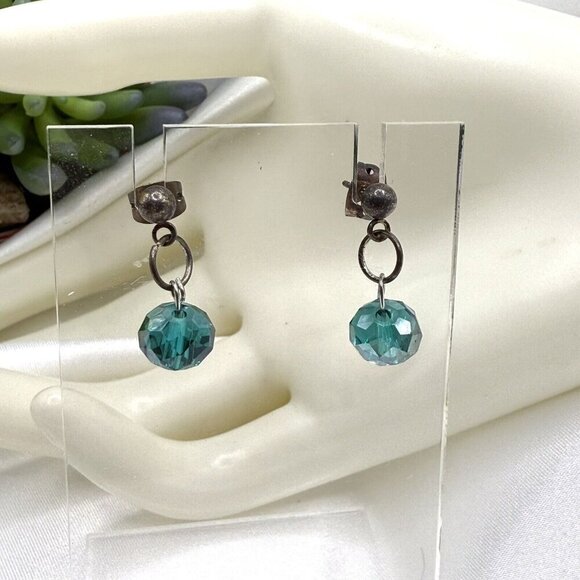 Vintage AB Glass Bead Silver Post Dangle Earrings - Picture 1 of 6